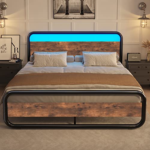 Catrimown Queen Size Bed Frame, Metal Queen Bed Frame with Led Headboard and Footboard, Rustic Heavy Duty Wooden Platform Bed Frame with Under Bed Storage, Noise Free, No Box Spring Needed