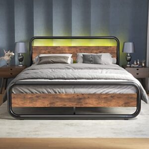 Catrimown Queen Size Bed Frame, Metal Queen Bed Frame with Led Headboard and Footboard, Rustic Heavy Duty Wooden Platform Bed Frame with Under Bed Storage, Noise Free, No Box Spring Needed