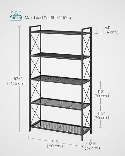 SONGMICS 5-Tier Metal Storage Rack, Shelving Unit with X Side Frames, Dense Mesh, 12.6 x 31.5 x 57.3 Inches, for Entryway, Kitchen, Living Room, Bathroom, Industrial Style, Black UBSC185B01