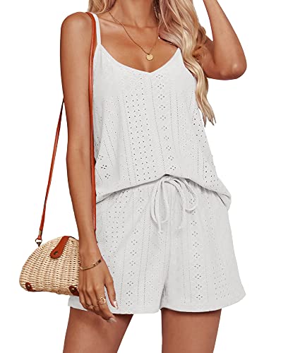 Ekouaer Women's Cami Loungewear Set 2 Piece Casual Summer Outfits Sleeveless Top and Shorts Matching Set V Neck Pj Sleepwear White X-Large