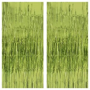 katchon, sage green foil fringe curtain - xtralarge 6.4x8 feet pack of 2, green backdrop | light green foil fringe curtain, green birthday decorations | frog birthday decorations | lime green backdrop
