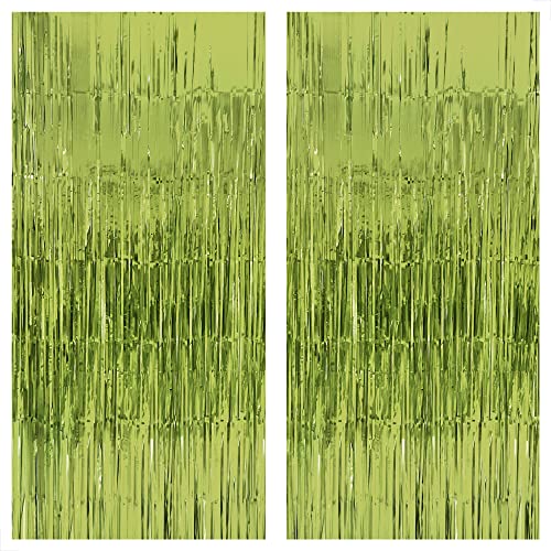 KatchOn, Sage Green Foil Fringe Curtain - XtraLarge 6.4x8 Feet Pack of 2, Green Backdrop | Light Green Foil Fringe Curtain, Green Birthday Decorations | Frog Birthday Decorations | Lime Green Backdrop