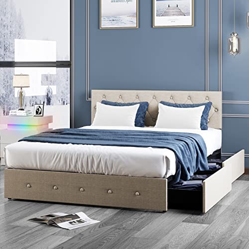 Mjkone California King Size Platform Bed Frame with 4 Storage Drawers, Bed Frame with Adjustable Headboard, Button Tufted Design, Wood Slat Support, No Box Spring Needed/Easy Assembly, Beige, (21022)