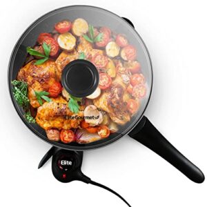 elite gourmet eg6207# heavy duty 10.5-inch fry pan, easy-pour spout, 1000w-1200w, dishwasher safe, rapid heat up, non-stick electric skillet tempered glass vented lid, trigger release probe, black