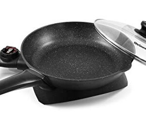 Elite Gourmet EG6207# Heavy Duty 10.5-inch Fry Pan, Easy-Pour Spout, 1000W-1200W, Dishwasher Safe, Rapid Heat Up, Non-stick Electric Skillet Tempered Glass Vented Lid, Trigger Release Probe, Black