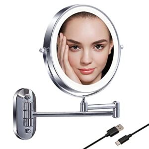 Tushengtu 8”Wall Mounted Makeup Mirror with Intelligent Light Control-10X Magnification, Rotatable Mirror, Adjustable Brightness and Color Temperature