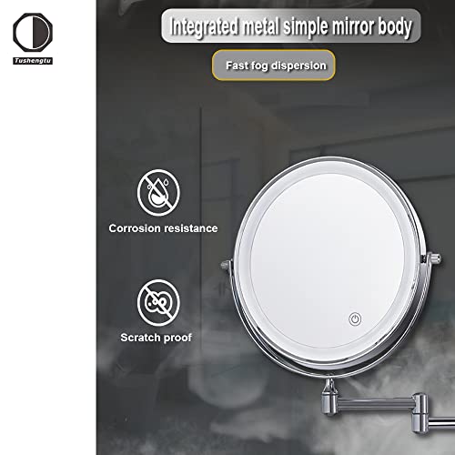 Tushengtu 8”Wall Mounted Makeup Mirror with Intelligent Light Control-10X Magnification, Rotatable Mirror, Adjustable Brightness and Color Temperature