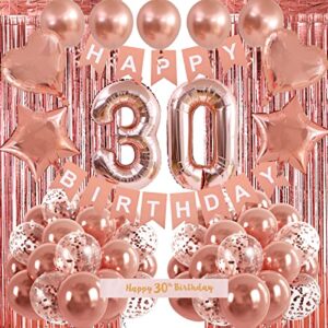 rubfac 30th birthday decorations for women, rose gold balloons, fringe curtain, happy birthday banner kits party supplies