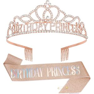 birthday princess crown & birthday sash, birthday girl crown birthday tiara for women birthday decorations birthday crown and sash for girls princess birthday gifts