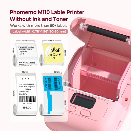 Memoqueen Label Maker Machine with Tape, M110 Barcode Label Printer - Portable Bluetooth Thermal Labeler for Address Jewelry Retail Barcode Small Business Home Office Compatible Phones &PC Pink