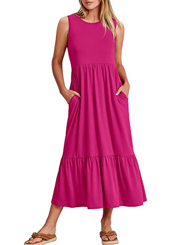 ANRABESS Women's Summer Casual Sleeveless Crewneck Swing Sundress Fit & Flare Flowy Tiered Maxi Dress with Pockets 499shenmeihong-XL Rose