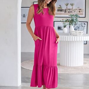 ANRABESS Women's Summer Casual Sleeveless Crewneck Swing Sundress Fit & Flare Flowy Tiered Maxi Dress with Pockets 499shenmeihong-XL Rose