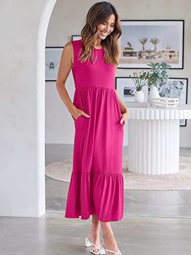 ANRABESS Women's Summer Casual Sleeveless Crewneck Swing Sundress Fit & Flare Flowy Tiered Maxi Dress with Pockets 499shenmeihong-XL Rose