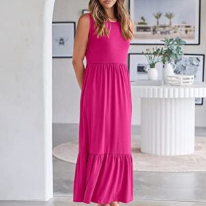 ANRABESS Women's Summer Casual Sleeveless Crewneck Swing Sundress Fit & Flare Flowy Tiered Maxi Dress with Pockets 499shenmeihong-XL Rose