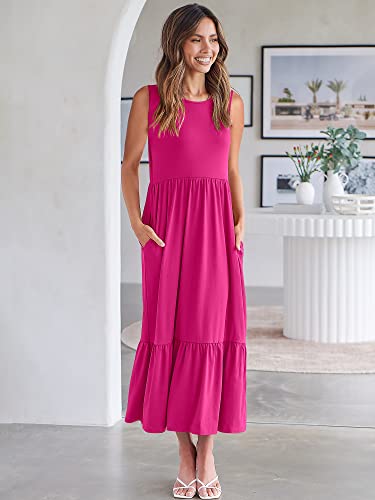 ANRABESS Women's Summer Casual Sleeveless Crewneck Swing Sundress Fit & Flare Flowy Tiered Maxi Dress with Pockets 499shenmeihong-XL Rose