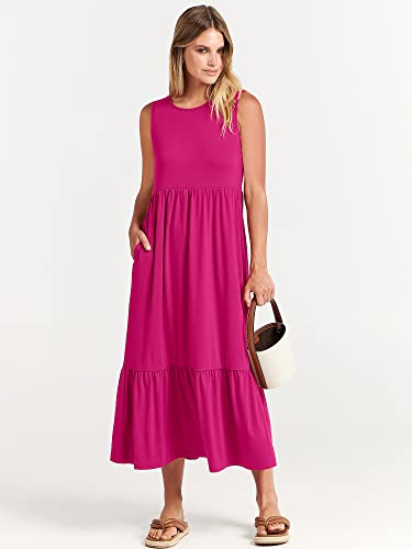 ANRABESS Women's Summer Casual Sleeveless Crewneck Swing Sundress Fit & Flare Flowy Tiered Maxi Dress with Pockets 499shenmeihong-XL Rose