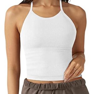 LASLULU Womens Sports Bra Halter Neck Crop Tops Seamless Casual Camisole Longline Running Athletic Bra Cropped Tops(White Large)