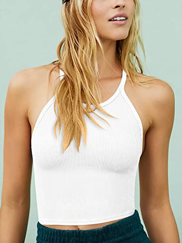 LASLULU Womens Sports Bra Halter Neck Crop Tops Seamless Casual Camisole Longline Running Athletic Bra Cropped Tops(White Large)
