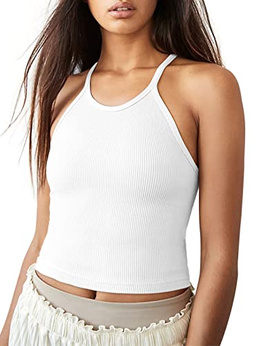 LASLULU Womens Sports Bra Halter Neck Crop Tops Seamless Casual Camisole Longline Running Athletic Bra Cropped Tops(White Large)