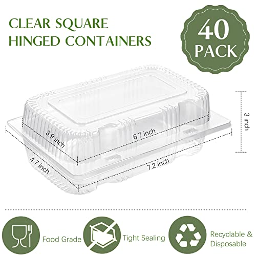 TOFLEN Disposable Sturdy Plastic Hinged Food Containers with Clear Lids (40 Pack) Clamshell Take Out Loaf Containers 7.2x4.7x3 Inches To Go Dessert Box Cake Slice Salad Pastry Sandwich Container