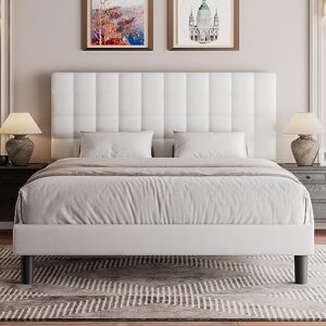 feonase queen bed frame with square stitched headboard, faux leather upholstered platform bed frame, high-density sponge filled, solid wood slats, no box spring needed, noise-free, white