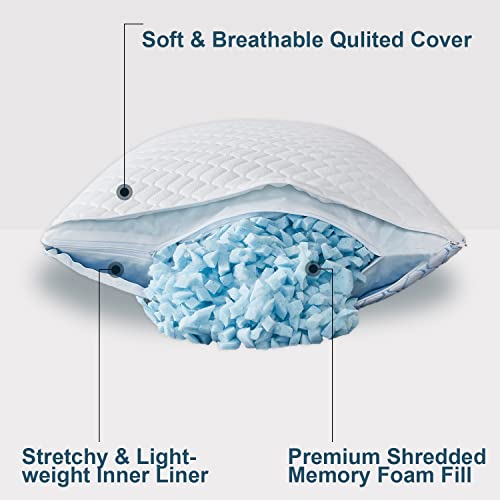 Cooling Bed Pillows for Sleeping 2 Pack Shredded Memory Foam Adjustable Pillows Standard Size Set of 2 for Side Back Sleepers - Luxury Extra Comfy Gel Pillows with Washable Removable Cover