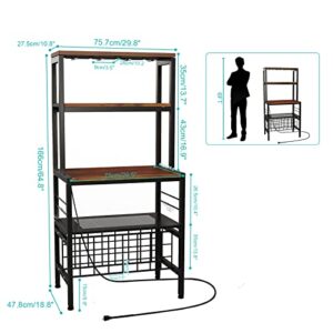 HSSZXFR Industrial Wine Bakers Rack with Power Outlet and LED Strip, Multifunctional Wine Rack Table, Wine Bar Cabinet with Wine Storage Glasses Holder Bottle Shelf, Bar Stand for Liquor and Glasses