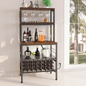 hsszxfr industrial wine bakers rack with power outlet and led strip, multifunctional wine rack table, wine bar cabinet with wine storage glasses holder bottle shelf, bar stand for liquor and glasses