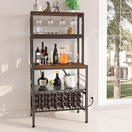 HSSZXFR Industrial Wine Bakers Rack with Power Outlet and LED Strip, Multifunctional Wine Rack Table, Wine Bar Cabinet with Wine Storage Glasses Holder Bottle Shelf, Bar Stand for Liquor and Glasses