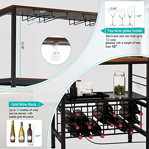 HSSZXFR Industrial Wine Bakers Rack with Power Outlet and LED Strip, Multifunctional Wine Rack Table, Wine Bar Cabinet with Wine Storage Glasses Holder Bottle Shelf, Bar Stand for Liquor and Glasses