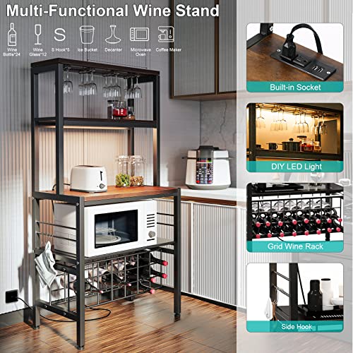 HSSZXFR Industrial Wine Bakers Rack with Power Outlet and LED Strip, Multifunctional Wine Rack Table, Wine Bar Cabinet with Wine Storage Glasses Holder Bottle Shelf, Bar Stand for Liquor and Glasses