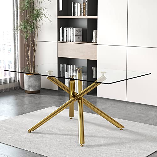 63 inch Glass Dining Table with Clear Rectangular Glass Top, 4 Chrome Golden Legs Modern Rectangular Glass Kitchen Table Furniture for Home Office Kitchen Dining Room, 4-6 People