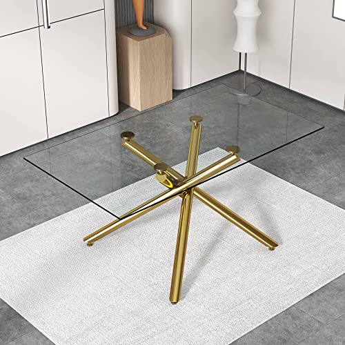 63 inch Glass Dining Table with Clear Rectangular Glass Top, 4 Chrome Golden Legs Modern Rectangular Glass Kitchen Table Furniture for Home Office Kitchen Dining Room, 4-6 People