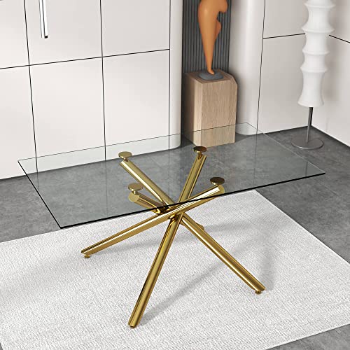 63 inch Glass Dining Table with Clear Rectangular Glass Top, 4 Chrome Golden Legs Modern Rectangular Glass Kitchen Table Furniture for Home Office Kitchen Dining Room, 4-6 People