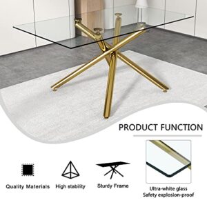 63 inch Glass Dining Table with Clear Rectangular Glass Top, 4 Chrome Golden Legs Modern Rectangular Glass Kitchen Table Furniture for Home Office Kitchen Dining Room, 4-6 People