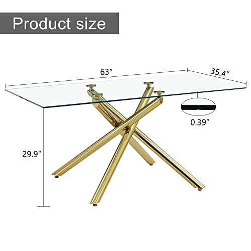 63 inch Glass Dining Table with Clear Rectangular Glass Top, 4 Chrome Golden Legs Modern Rectangular Glass Kitchen Table Furniture for Home Office Kitchen Dining Room, 4-6 People