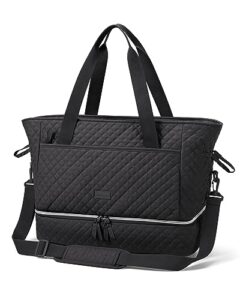 weekender overnight bag, bagsmart 39l large travel duffle bag for women, soft quilted cotton sports gym bag with shoe compartment, crossbody carry-on bag with multiple pockets, machine washable(black)