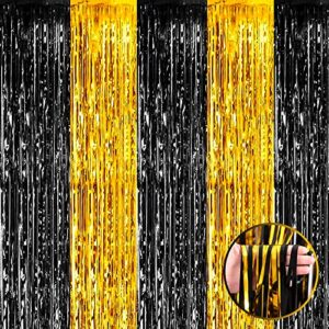 4 pack black gold foil fringe curtain backdrop, 3.28ft x 6.56ft metallic tinsel foil fringe streamers curtains for photo booth, wedding, graduation, birthday, carnival party decoration