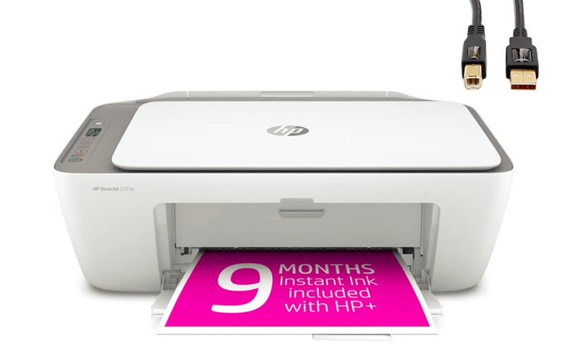 HP DeskJet 2723e All-in-One Wireless Color Inkjet Printer，Print Scan Copy - LCD Display, 4800 x 1200 dpi, 9 Months Free Instant Ink WiFi, Bluetooth, W/Valinor Printer Cable