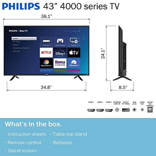 PHILIPS 43-Inch 1080p FHD LED Roku Smart TV with Voice Control App, Airplay, Screen Casting, & 300+ Free Streaming Channels