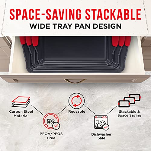 Baking Pan Set – 3 Piece Cookie Sheet – Deluxe Black Non-Stick Carbon Steel – Silicone Handles – Commercial Grade Restaurant Quality – PFOA PFOS and PTFE Free by Bakken