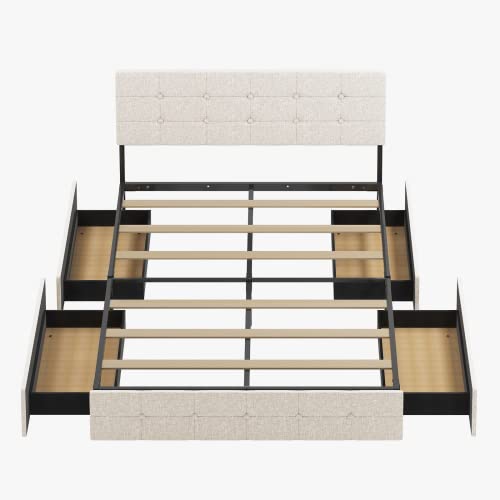 ZAFLY California King Upholstered Bed Frame with 4 Storage Drawers,Platform California King Size Bed Frame with Adjustable Headboard,Wooden Slats Support,No Mattress,No Box Spring Needed (Beige)