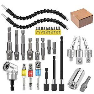 32pcs Flexible Drill Bit Extension Set, Rotatable Joint Socket 1/4 3/8 1/2 Inch Hex Socket Adapter, 105°Right Angle Drill Attachmen, Bendable Drill Bit Extension Screwdriver Kit with a Box (Silvery)