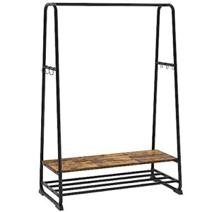 yatiney clothes rack, garment rack for hanging clothes, industrial clothing rack with 2 shelves, 6 s hooks, metal frame, for bedrooms, entrances, rustic brown and black gr45br