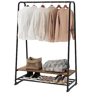 YATINEY Clothes Rack, Garment Rack for Hanging Clothes, Industrial Clothing Rack with 2 Shelves, 6 S Hooks, Metal Frame, for Bedrooms, Entrances, Rustic Brown and Black GR45BR