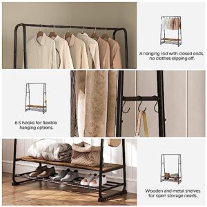 YATINEY Clothes Rack, Garment Rack for Hanging Clothes, Industrial Clothing Rack with 2 Shelves, 6 S Hooks, Metal Frame, for Bedrooms, Entrances, Rustic Brown and Black GR45BR