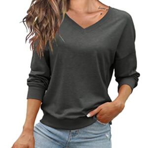 FMEYOA Womens V-Neck Sweatshirts without Hood Long Sleeve Lightweight Loose Fall Basic Shirts Tops(Dark Grey,Large)