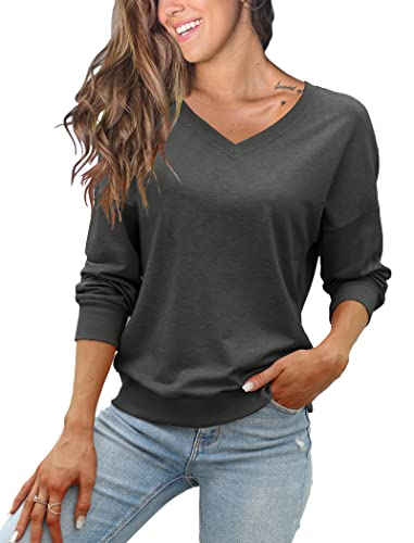 FMEYOA Womens V-Neck Sweatshirts without Hood Long Sleeve Lightweight Loose Fall Basic Shirts Tops(Dark Grey,Large)