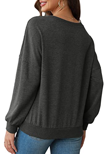 FMEYOA Womens V-Neck Sweatshirts without Hood Long Sleeve Lightweight Loose Fall Basic Shirts Tops(Dark Grey,Large)