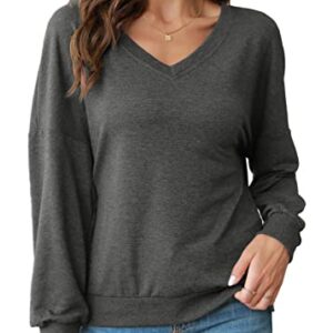 FMEYOA Womens V-Neck Sweatshirts without Hood Long Sleeve Lightweight Loose Fall Basic Shirts Tops(Dark Grey,Large)